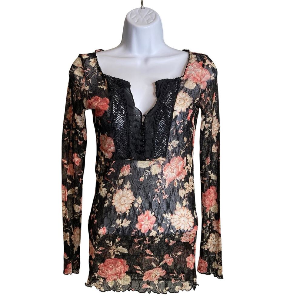 Denim & Supply Y2K Women's Black Sheer Floral‎ Lace Peasant Top Size S Boho